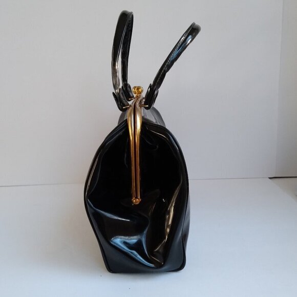 Vintage Black Sturdy Shiny Roomy Patent Gold Kiss Clasp Envelope Satchel Bag - Picture 4 of 15
